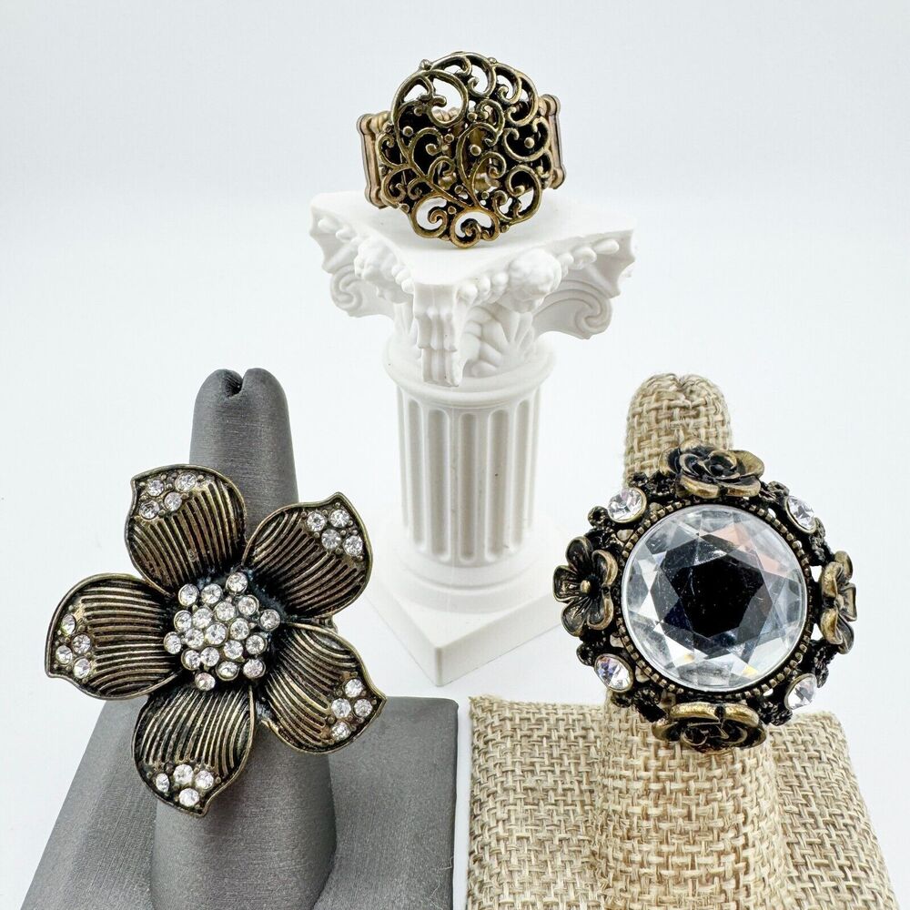 3 Vintage Bronze Tone Rings Stretch Chunky Retro Flower Statement Square